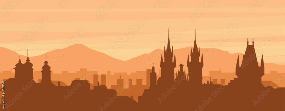 Naklejka premium Brown panoramic city skyline poster with misty background buildings, sunrise, clouds and mountains of PRAGUE, CZECH REPUBLIC