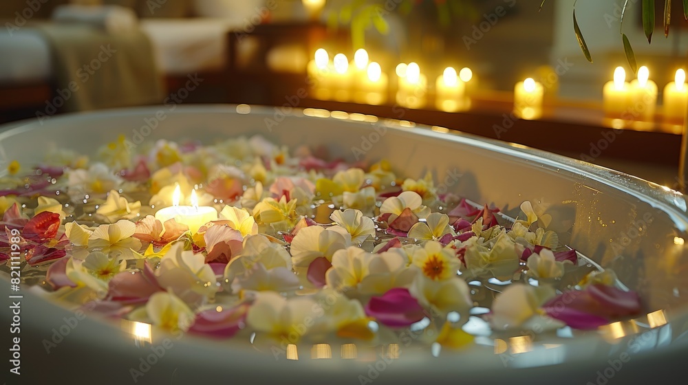 A rejuvenating spa treatment featuring a person soaking in a luxurious bath filled with flower petals and essential oils, surrounded by candles and soft lighting, creating a serene A rejuvenating spa treatment featuring a person soaking in a luxurious bath filled with flower petals and essential oils, surrounded by candles and soft lighting, creating a serene