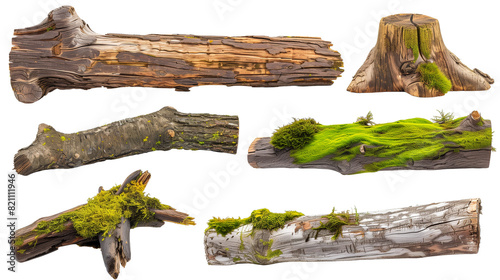 Set of fallen wooden trunks with green and yellow moss, showcasing the ecosystem's ability to reclaim and recycle