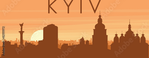 Brown panoramic city skyline poster with misty background buildings, sunrise, clouds and mountains of KYIV, UKRAINE