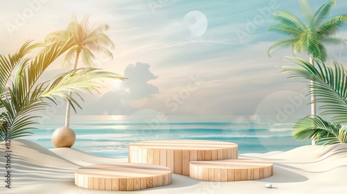 Tropical Beach Podium Light wooden podiums on a sandy beach backdrop with palm trees and a sunny sky  perfect for beachwear or tropicalthemed products
