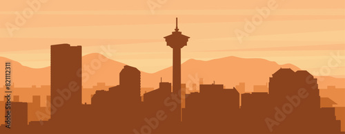 Brown panoramic city skyline poster with misty background buildings, sunrise, clouds and mountains of CALGARY, CANADA
