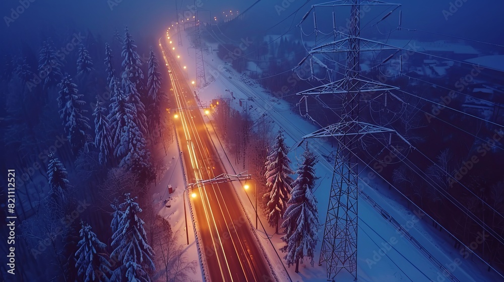 Electricity is carried by overhead pylons and power lines, creating a strong energy infrastructure seen from above on a winter night.