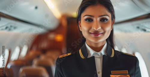 A woman in a uniform is smiling. She is a pilot and is standing in the middle of an airplane. Indian female cabin crew air hostess smiling at the camera, Flight attendant private jet luxury airline
