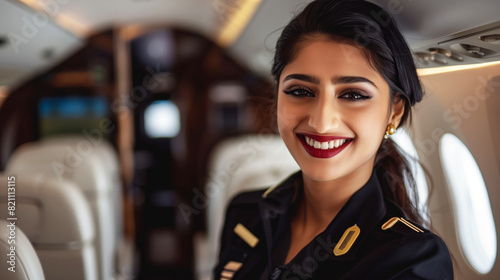 A woman in a uniform is smiling. She is a pilot and is standing in the middle of an airplane. Indian female cabin crew air hostess smiling at the camera, Flight attendant private jet luxury airline © Nataliia_Trushchenko