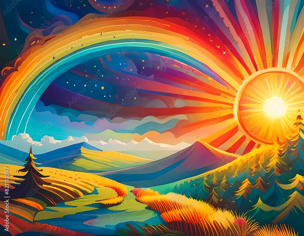 colorful picture with sun and rainbow, digital art colorful picture with sun and rainbow, digital art