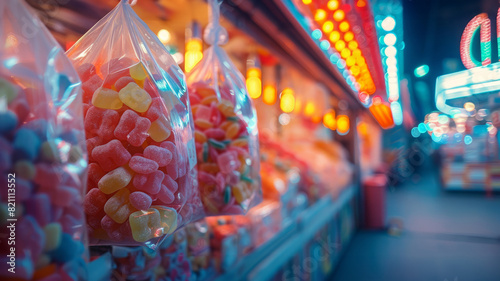 Plastic bags of candy hanging in a vibrant nighttime market. © SashaMagic