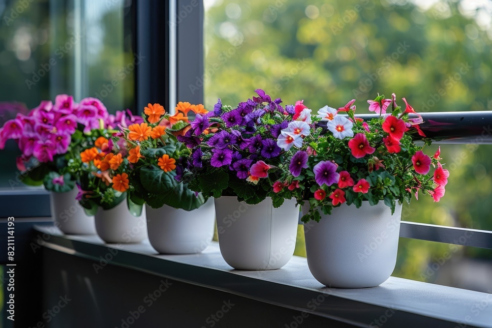 A balcony railing adorned with sleek and contemporary white plastic pots filled with colorful annuals such as impatiens, pansies, and snapdragons, adding a vibrant pop of color to a modern balcony