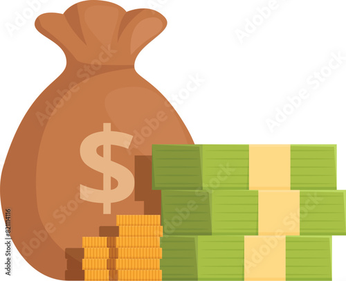 Illustration of a money bag alongside a stack of bills and coins, representing wealth and savings