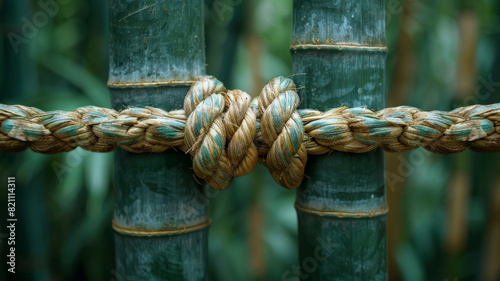 Closeup of a rope knotted around bamboo sticks. © SashaMagic