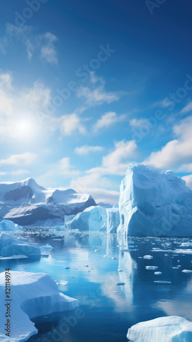 Arctic or Antarctic with bright blue ice formations and scattered ice floes, sunny sky