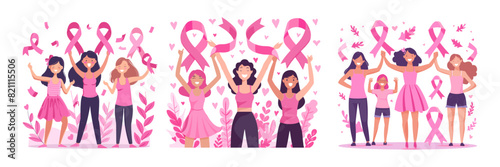 Breast cancer awareness cartoon vector scenes. Woman girls positive holding pink ribbons oncology treatment celebrate international holiday characters, medicine diseases healthcare, concepts isolated