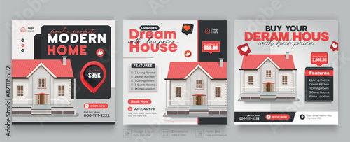 Real estate social media post banner template. Modern Social Media banner template. Set of editable real estate house sale and home rent advertising geometric modern square banner.