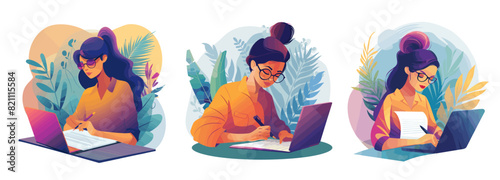 Business woman cartoon vector scenes. Girl laptop copywriter author designer freelancer signing contract conclusion online deal successful management start project completion character, concepts