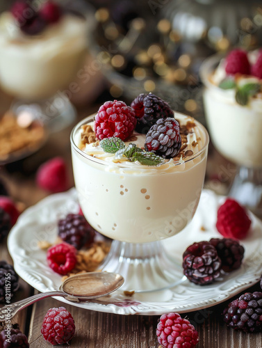 dessert made with milk and red fruits such as raspberries  exquisite and natural.