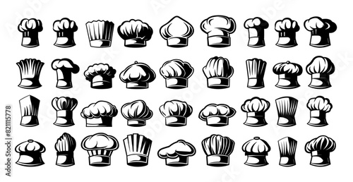 Chef hats icons vector set. Culinary caps master kitchen patron cooking restaurant dishes food etiquette accessory, illustration isolated on white background