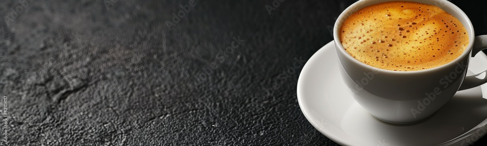 A simple yet inviting image of a white coffee cup full of frothy espresso on a dark, textured surface, emphasizing minimalism and flavor A simple yet inviting image of a white coffee cup full of frothy espresso on a dark, textured surface, emphasizing minimalism and flavor