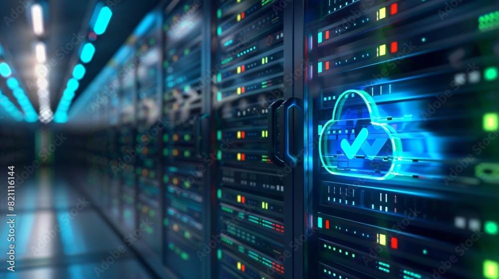 Obraz premium Modern data center with futuristic cloud computing technology, servers, and secure data storage.