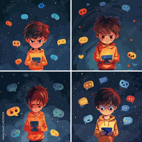 Cyberbullying cartoon vector concepts. Kid holding phone messages speech bubbles threats bullying insults gloomy sad angry bad influence social media child character, bright color illustration