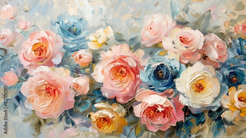 Exquisitely detailed painting of a bountiful bouquet of roses in full bloom. Painted in soft  muted colors with a focus on texture and light.