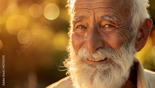 Smiling elderly man with a white beard, twinkling eyes, and a warm expression, inviting storytelling and wisdom, with banner space for text © DruZhi Art