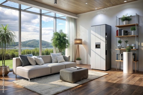 An innovative home battery storage system integrated into a modern living room, showcasing clean design