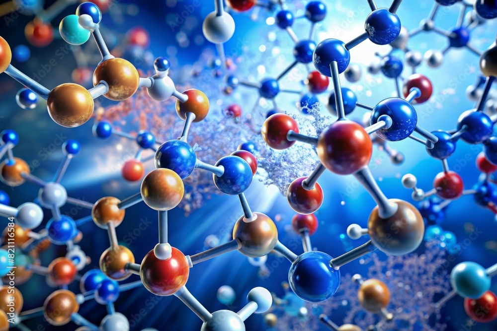 An image depicting a chemical reaction at the molecular level, with molecules interacting and forming new compounds An image depicting a chemical reaction at the molecular level, with molecules interacting and forming new compounds