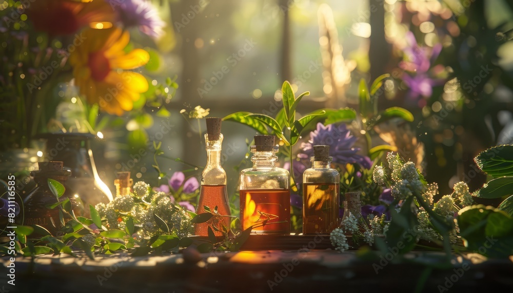 An assortment of essential oil bottles amongst fresh herbs and flowers, depicting natural health remedies and aromatherapy benefits An assortment of essential oil bottles amongst fresh herbs and flowers, depicting natural health remedies and aromatherapy benefits