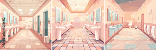 Empty public toilet cartoon vector scenes. Sinks washbasins mirrors urinals liquid soap tiles wastebasket pink tones interior colorful illustrations