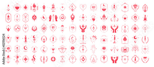Esoteric logos ink sketch vector set. Burning candle stones minerals hands wrist fingers heart fire rose sun moon stars cup bowl flower, cult fortune telling astral monochrome icons isolated
