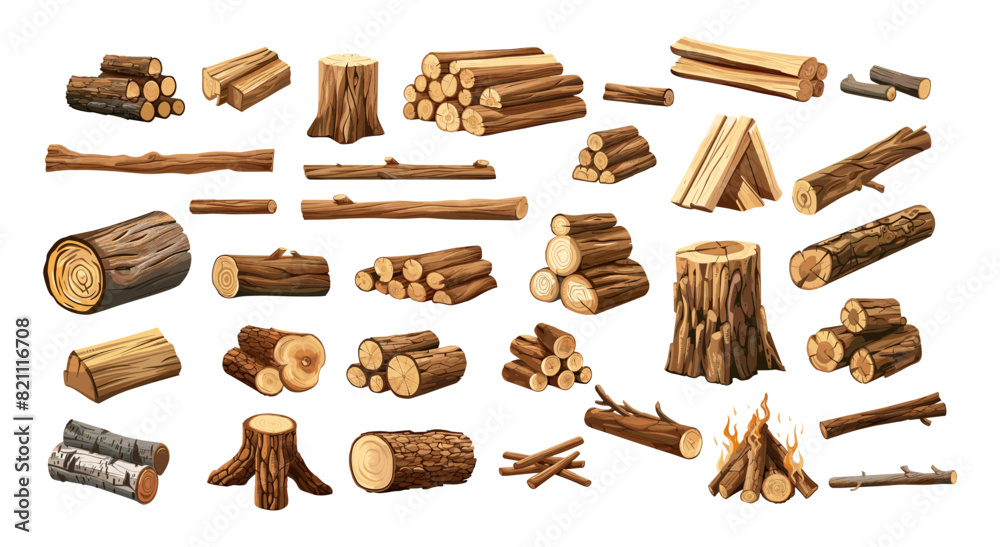 Firewood pile cartoon vector set. Logs bonfire branches sticks forest wood tree burning bundle dry brushwood log trunk, bright illustration isolated on white background