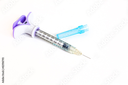 special syringe for aesthetic face fillers. Isolated on white with copy space