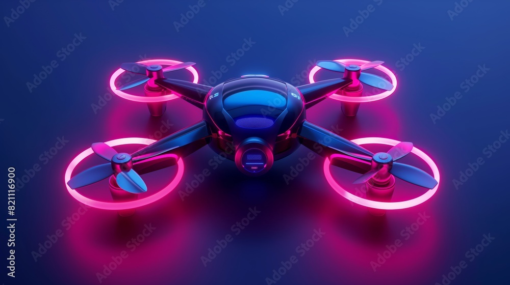 A drone with four propeller blades in neon color on a dark blue background. A drone with four propeller blades in neon color on a dark blue background.