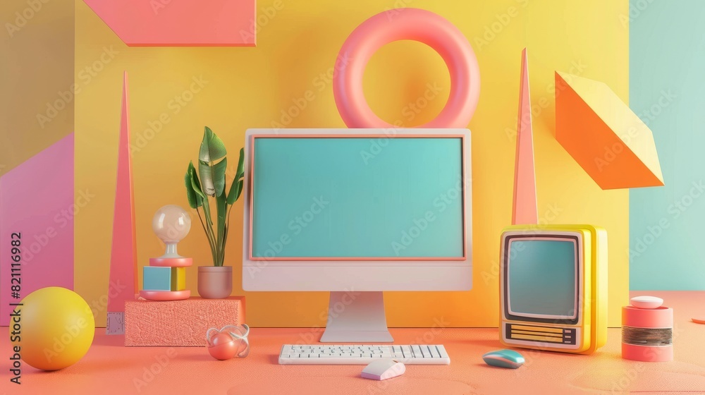 3D render of a mockup composition with computer figures and geometry 3D render of a mockup composition with computer figures and geometry