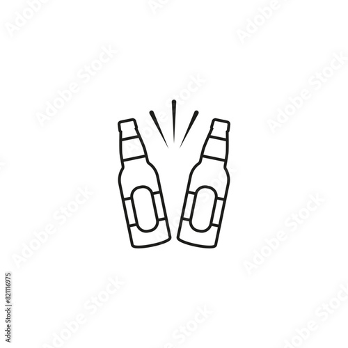 Two beer bottles icon. Clink, cheers and toasting. Vector outline illustration white background.	
