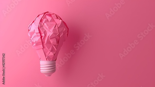 Rendering of a floating crumpled paper light bulb on a pink background.