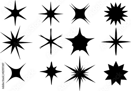 Multiple style and shape futuristic sparkle star icons. Abstract shine effect designs. Good for designing wedding card  posters  projects  banners  logo  and business cards.