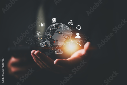 Businessman using smart phone . Global business internet connection application technology and digital marketing. Finance and Banking Digital Link Technology Big Data photo