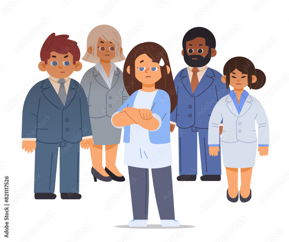 Sad business woman and bad colleagues. Toxic work team flat vector illustration Sad business woman and bad colleagues. Toxic work team flat vector illustration