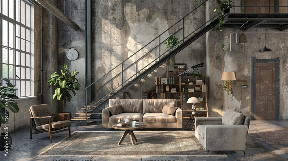 3D rendering of an industrial loft living room