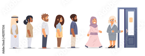 Happy employer opens the door to job candidates. Group of diverse people queue at the door. Flat vector illustration