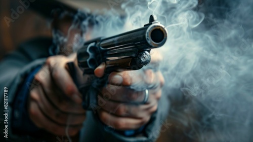 A man is holding a gun and smoke is coming out of it