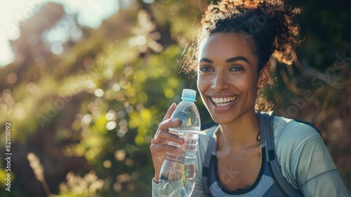 portrait of a happy sportswoman taking a water break outdoors.  photo