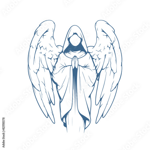 A beautiful biblical angel. Vintage illustration in Renaissance style. Isolated object. Outline vector illustration