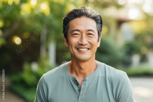 Portrait of a blissful asian man in his 40s smiling at the camera isolated on solid pastel color wall photo