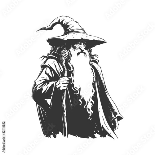 magician man with beard and staff hobbit vector illustration engraving isolated on white 