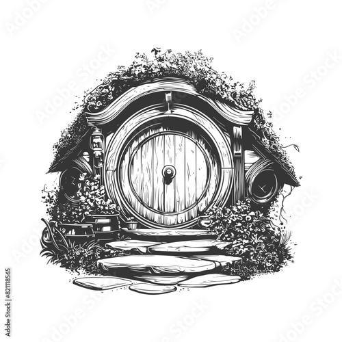 Fairytale hobbit house with cartoon Wooden and Stone Round Door Outline Doodle hand drawn engraving illustration. Hidden Underground Magic House