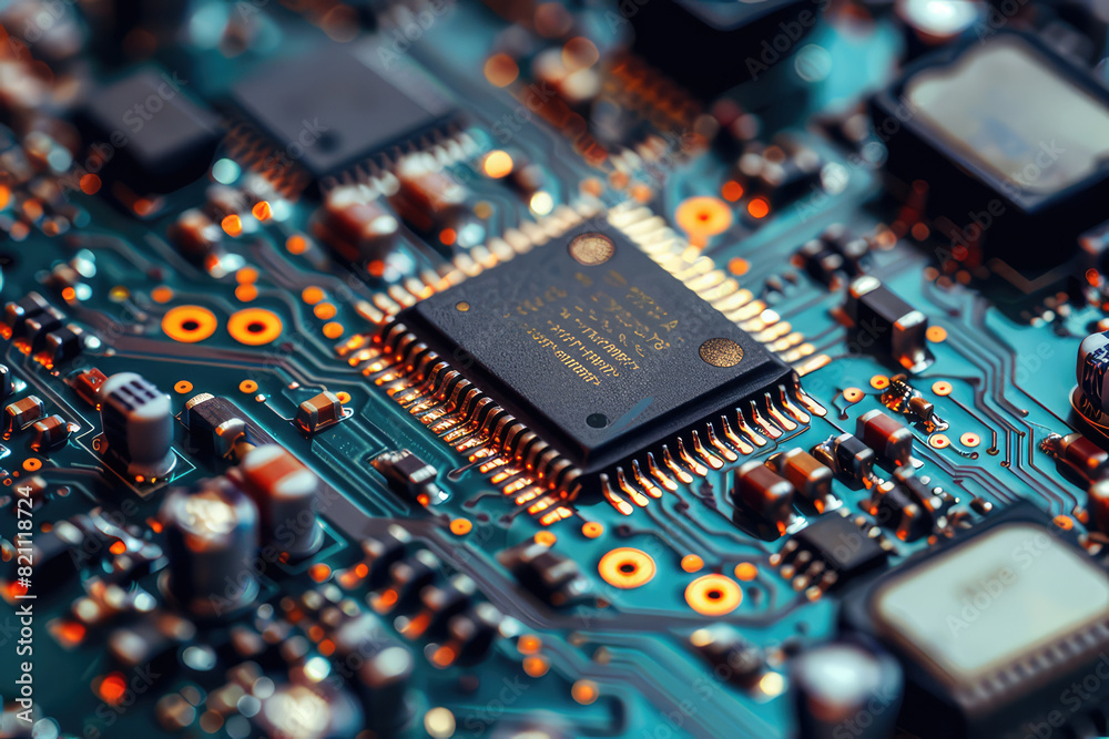 Central processor  CPU and ram on circuit board. Computer hardware