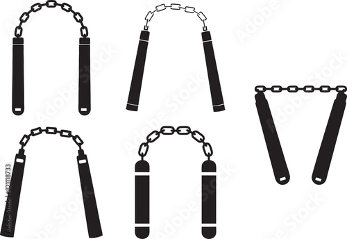 Nunchaku symbols on white background. Poster, banner pr flyer designing idea. Promotional material for media and web preparation idea. Southern Chinese Kung fu, Okinawan Kobudo and karate icon. photo