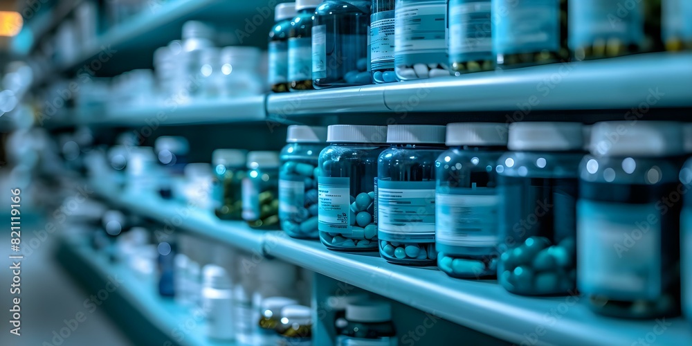 Closeup of organized pharmacy shelves with fake labeled medicines. Concept Pharmacy Shelves, Fake Labels, Organized Display, Closeup Photography